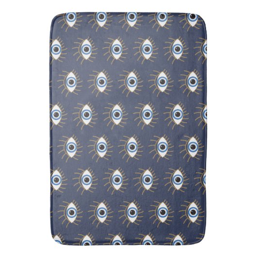 ギリシャの邪悪な目と点滅の青い白金ゴールド バスマット (正面縦)