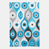 ギリシャの邪悪な目のパターンのブルースとグレー キッチンタオル (縦)