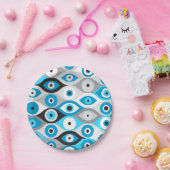 ギリシャの邪悪な目のパターンのブルースとグレー ペーパープレート (パーティー)