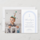 ギリシャの鍵の白と青の写真 洗礼 お礼カード 招待状 (正面)