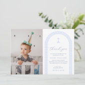 ギリシャの鍵の白と青の写真 洗礼 お礼カード 招待状 (スタンド正面)