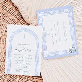 ギリシャの鍵の白と青の洗礼招待状ポストカード ポストカード