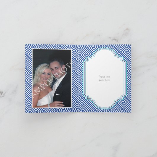 ギリシャの鍵模様とアクアブルーの円柱のウェディング サンクス サンキューカード (内部)