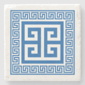 ギリシャの鍵模様の青と白のデザイン ストーンコースター (正面)
