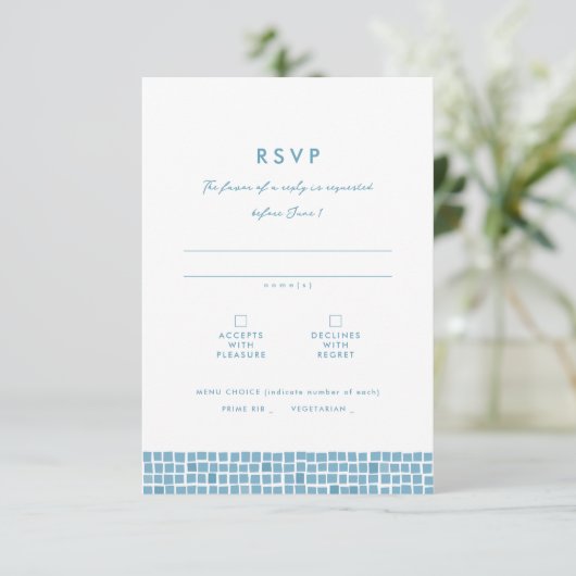 ギリシャの青いタイル枠のシンプル宛先の結婚式 出欠カード (スタンド正面)