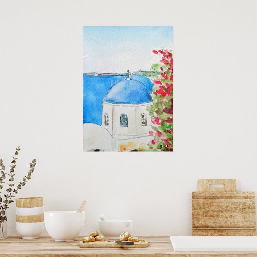 ギリシャの青い教会のインクと水の色 ポスター (キッチン)