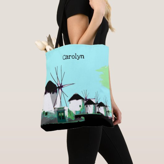 ギリシャのCyclades、Mykonos Windmills。お前の名前だ。 トートバッグ (クローズアップ)