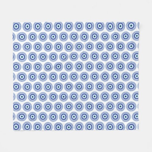 ギリシャアステカ円鍵悪い目パターンブルー フリースブランケット (正面(横))