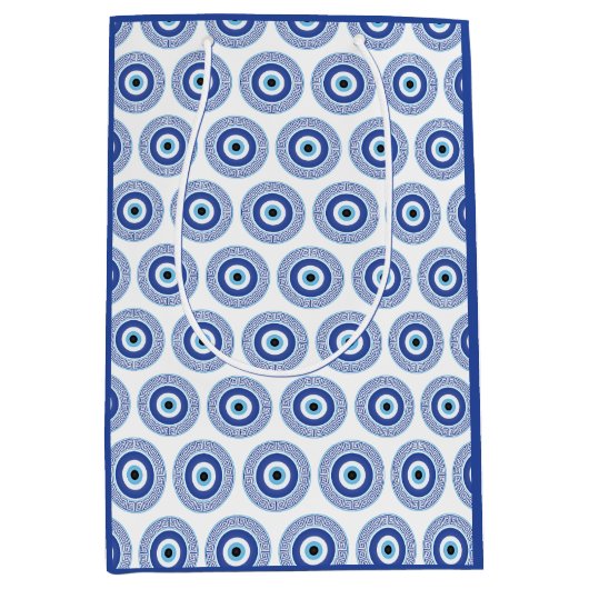 ギリシャアステカ円鍵悪い目パターンブルー ミディアムペーパーバッグ (正面)