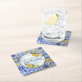 ギリシャイタリアン語ブルータイルレモン金ゴールドグリッターフレーム スクエアペーパーコースター (インサイチュ)