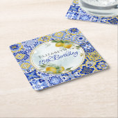 ギリシャイタリアン語ブルータイルレモン金ゴールドグリッターフレーム スクエアペーパーコースター (アングル)