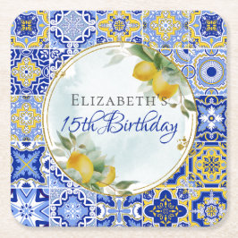 ギリシャイタリアン語ブルータイルレモン金ゴールドグリッターフレーム スクエアペーパーコースター