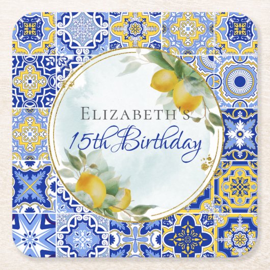 ギリシャイタリアン語ブルータイルレモン金ゴールドグリッターフレーム スクエアペーパーコースター (正面)