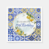 ギリシャイタリアン語ブルータイルレモン金ゴールドグリッターフレーム スタンダードカクテルナプキン (正面)