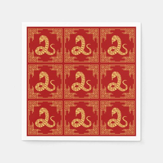 ギリシャオーナメントフレーム金ゴールドスネークパターンレッド スタンダードカクテルナプキン (正面)