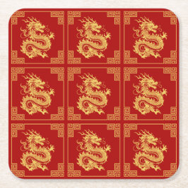 ギリシャオーナメントフレーム金ゴールドドラゴンパターンレッド スクエアペーパーコースター
