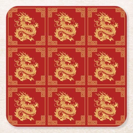 ギリシャオーナメントフレーム金ゴールドドラゴンパターンレッド スクエアペーパーコースター (正面)