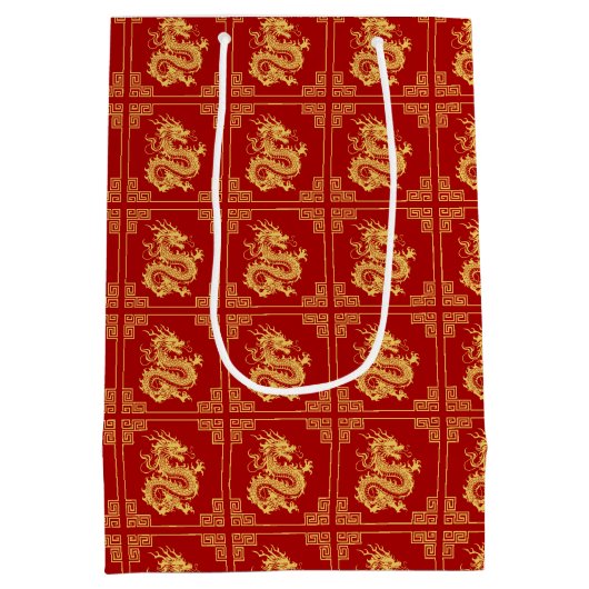 ギリシャオーナメントフレーム金ゴールドドラゴンパターンレッド ミディアムペーパーバッグ (裏面)