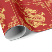 ギリシャオーナメントフレーム金ゴールドドラゴンパターンレッド ラッピングペーパー (ロールコーナー)