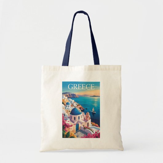 ギリシャサントリーニイラストレーショントラベルアートヴィンテージ トートバッグ (正面)