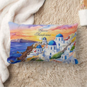 ギリシャサントリーニ水彩画エーゲ海 | ランバークッション (ブランケット)