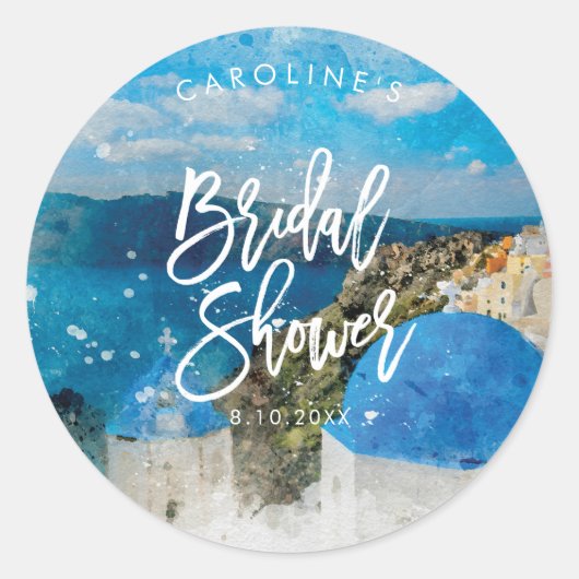 ギリシャサントリーニ水彩色ブライダルシャワーシール ラウンドシール (正面)