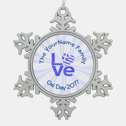 ギリシャハート国旗の青い愛パーソナライズされた スノーフレークピューターオーナメント (正面)