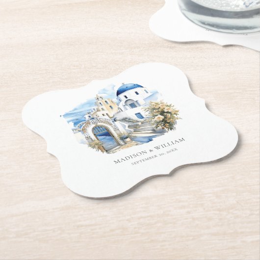 ギリシャパーソナライズされたサミニマルントリ結婚ニ ペーパーコースター (アングル)