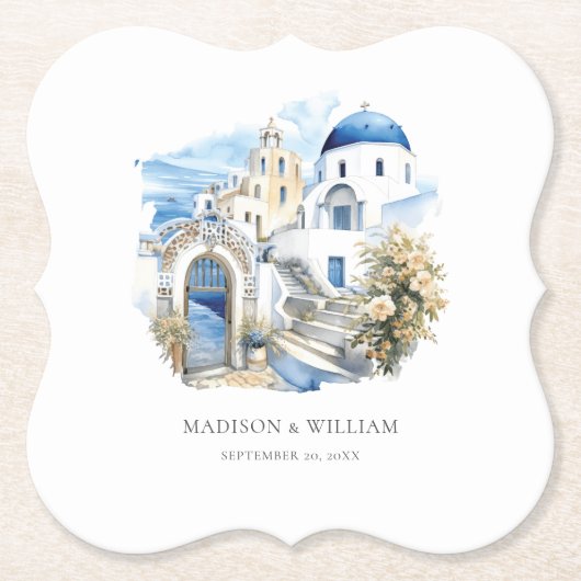 ギリシャパーソナライズされたサミニマルントリ結婚ニ ペーパーコースター (正面)