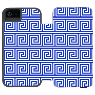 ギリシャメアンダーキーの四角模様 ブルー iPhone SE/5/5sウォレットケース