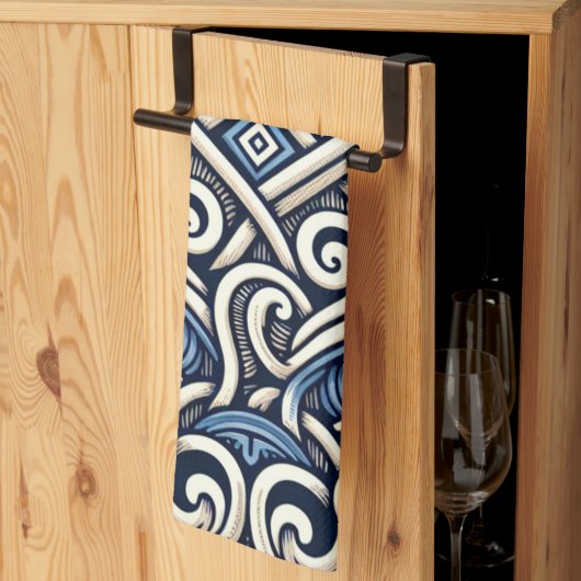 ギリシャモダン語の青と白のパターン キッチンタオル (三つ折り)