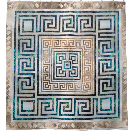 ギリシャ人の鍵のオーナメント-アワビおよび金ゴールド シャワーカーテン (正面)