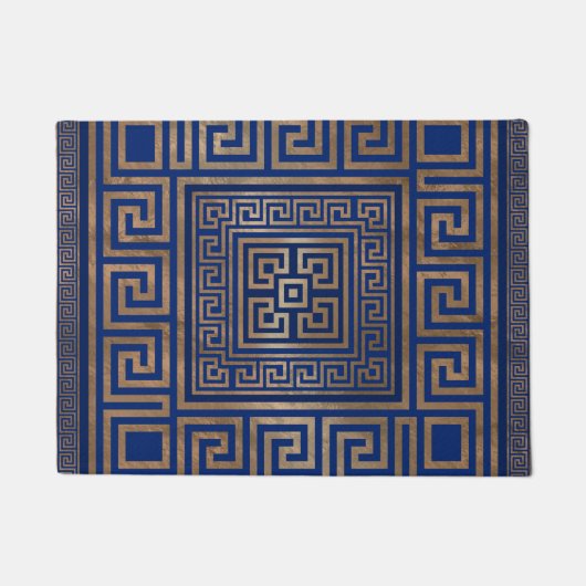 ギリシャ人の鍵のオーナメント-ギリシャの雷文-青の金ゴールド ドアマット (正面)