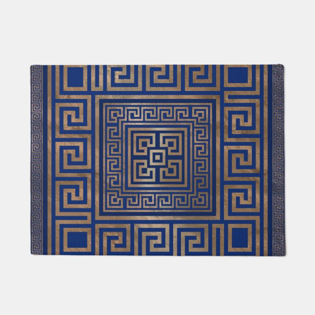 ギリシャ人の鍵のオーナメント-ギリシャの雷文-青の金ゴールド ドアマット (正面)