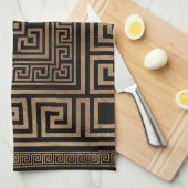 ギリシャ人の鍵のオーナメント-ギリシャの雷文-黒の金ゴールド キッチンタオル (四つ折り)