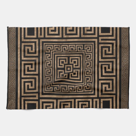 ギリシャ人の鍵のオーナメント-ギリシャの雷文-黒の金ゴールド キッチンタオル (横)