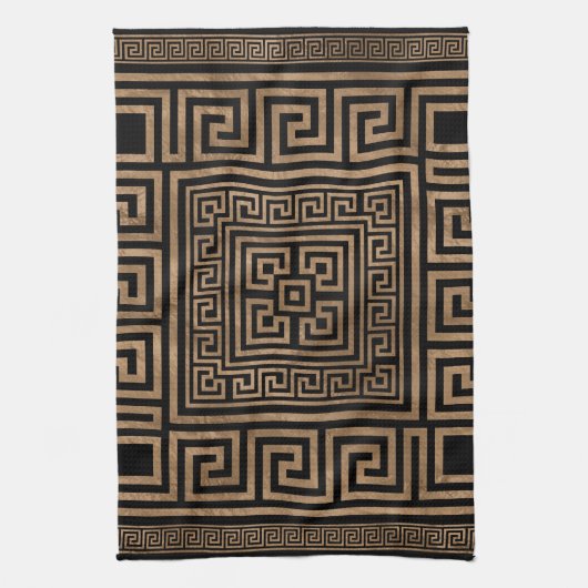 ギリシャ人の鍵のオーナメント-ギリシャの雷文-黒の金ゴールド キッチンタオル (縦)