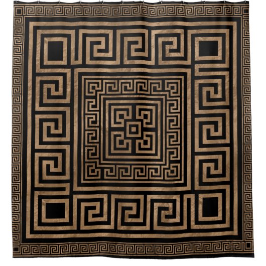 ギリシャ人の鍵のオーナメント-ギリシャの雷文-黒の金ゴールド シャワーカーテン (正面)