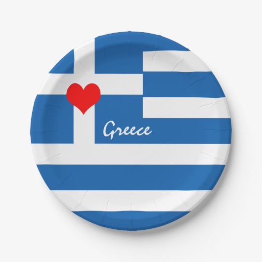 ギリシャ国旗とハート – ギリシャの旅行/スポーツファン ペーパープレート (正面)
