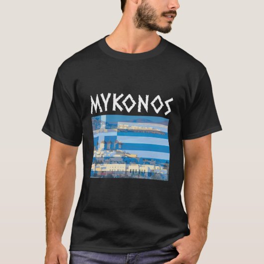 ギリシャ国旗のグラフィック付きミコノス Tシャツ (正面)