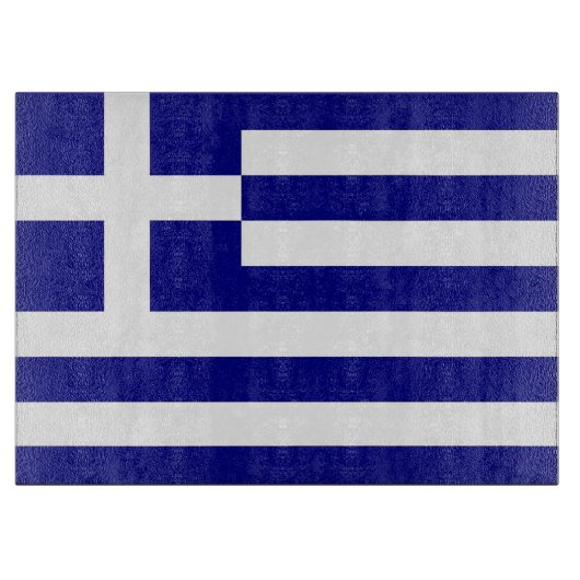 ギリシャ国旗を掲げたガラス板 カッティングボード (正面)