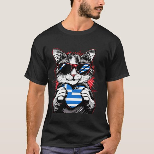 ギリシャ国旗ネコ ヘレネ人 ギリシャ人 プライド ギリシャ文化 Tシャツ (正面)