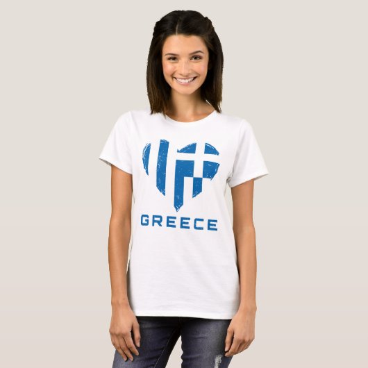 ギリシャ国旗動揺してのハート白番 Tシャツ (正面フル)