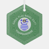 ギリシャ国旗黒髪エンジェル年名六角形 ガラスオーナメント (正面)