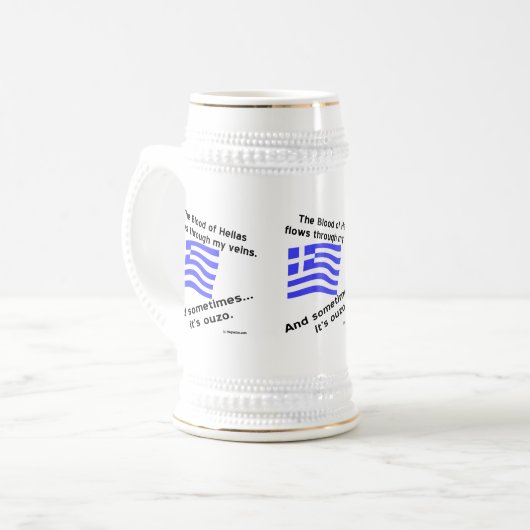 ギリシャ国旗 ヘラス 魂とウゾ 3杯 ビールジョッキ (正面左)