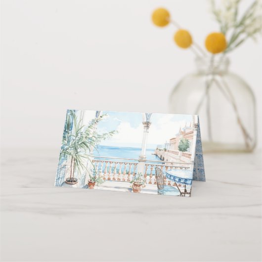 ギリシャ地中海のフローラ結婚タイル プレイスカード (裏面)