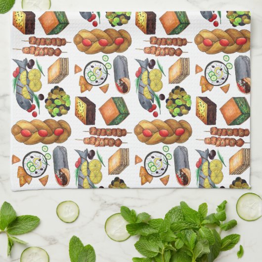 ギリシャ地中海のフーズプリントギリシャ料理 キッチンタオル (折り畳み)