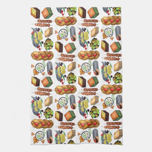 ギリシャ地中海のフーズプリントギリシャ料理 キッチンタオル (縦)