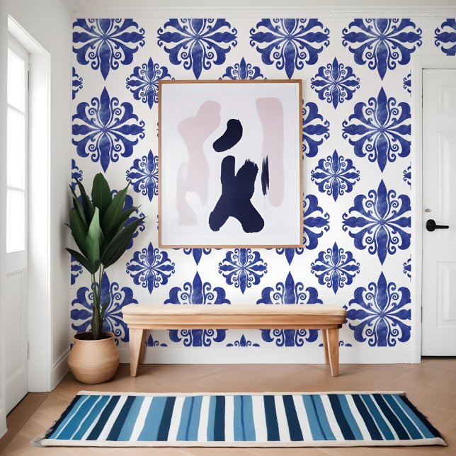 ギリシャ地中海のブルーアンティークフローラルパターン 壁紙 (Mediterranean Greece Blue Antique Floral Pattern Wallpaper)