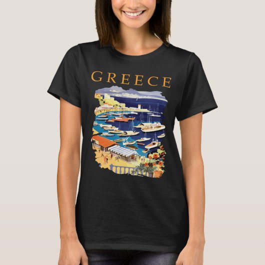 ギリシャ島の港 レトロ旅行Tシャツ Tシャツ (正面)